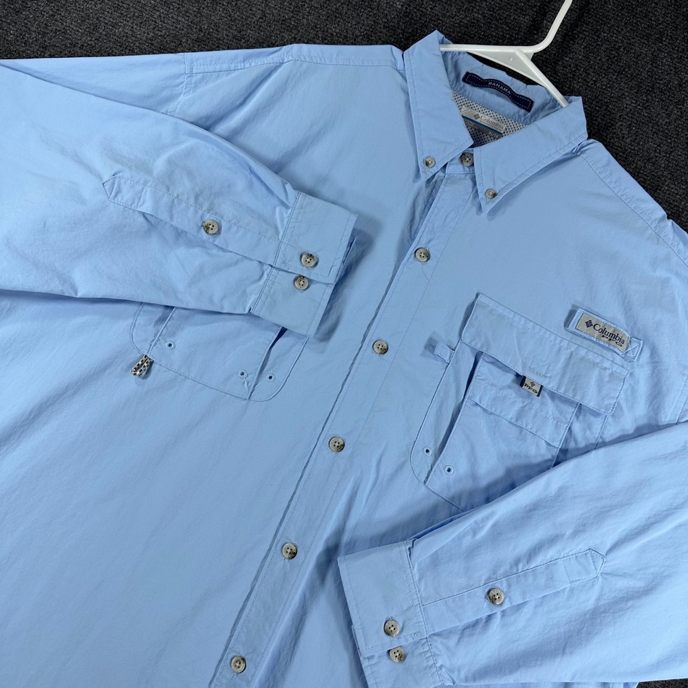Columbia Fishing Shirt Mens XL Extra Large Blue PFG Bahama II Long Sleeve Vented